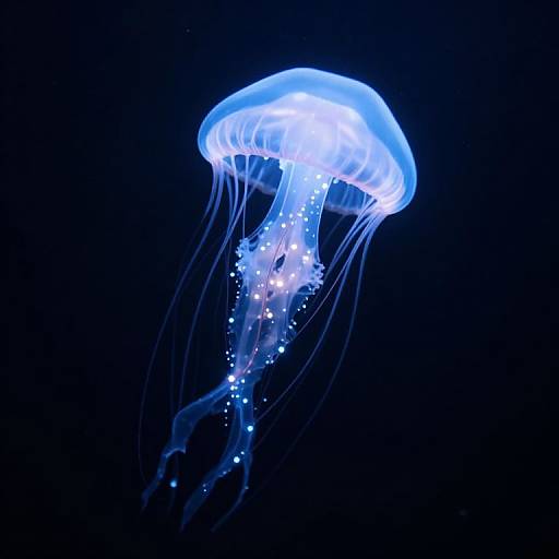 Photograph of a glowing blue jellyfish with translucent, pulsating bell and trailing, dotted tentacles against a dark blue background.