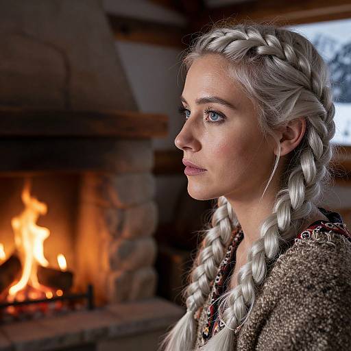 Photograph of a fair-skinned woman with long white braided hair, blue eyes, and medieval-style clothing, gazing at a glowing fireplace in