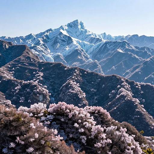 Photograph of snow-capped mountains with dark, rocky slopes in the middle ground, and pink cherry blossoms in the foreground under a clear blue sky