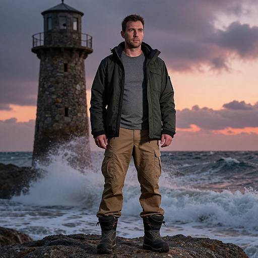 Photograph of a bearded man in a black jacket and tan pants standing on a rocky shore with a lighthouse and crashing waves at sunset.