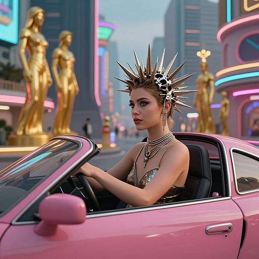 Futuristic Woman Driving Vibrant Cityscape