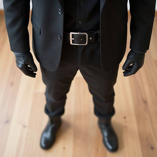 Photograph of a person in black formal attire, including a blazer, black pants, leather gloves, belt, and polished shoes, standing on wooden