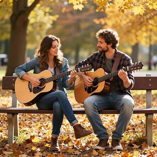 Photograph of a curly-haired couple with beards, sitting on a bench in autumn, playing acoustic guitars, surrounded by fallen leaves.