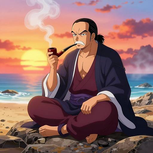 Digital anime-style drawing of a muscular, bald man with a ponytail, smoking a pipe on a rocky beach at sunset. He wears a black robe