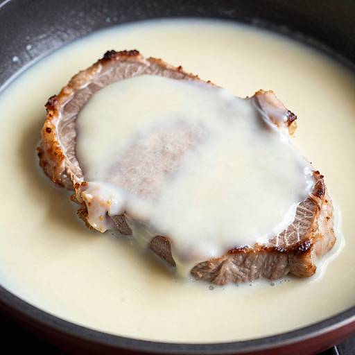 Photograph of a juicy, caramelized pork chop submerged in creamy white sauce, floating in a black skillet. The chop's browned edges contrast with