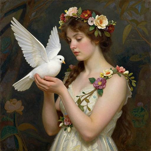 Floral Woman with Dove in Nature