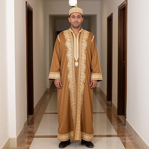 Photograph of a young man in a golden, intricately embroidered traditional Middle Eastern robe and matching cap, standing in a brightly lit, narrow hallway with