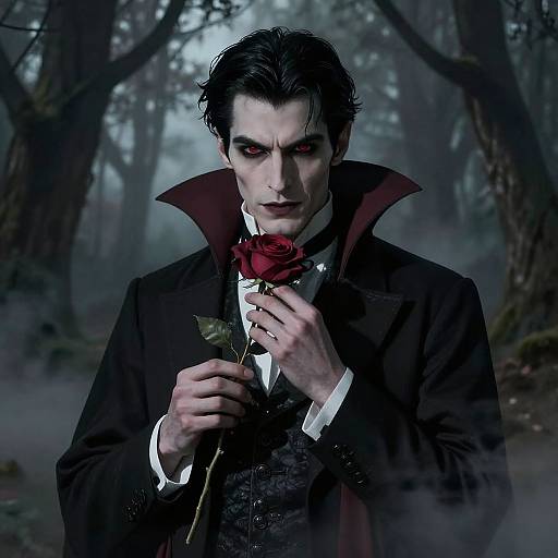 Photorealistic digital artwork of a pale, dark-haired vampire with red eyes holding a red rose in a foggy forest. He wears a black coat