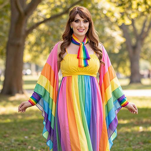 Photograph of a smiling woman with long brown hair, wearing a vibrant rainbow dress with matching shawl and necktie, standing in a sunny, tree