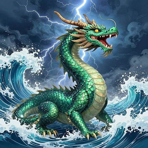 Digital illustration of a green, scaly dragon with yellow eyes and horns, roaring amidst a stormy sea with lightning and crashing waves.