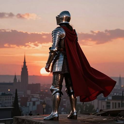 Photograph of a silhouetted knight in shiny silver armor with a red cape, standing on a rooftop at sunset, city skyline with Gothic sp