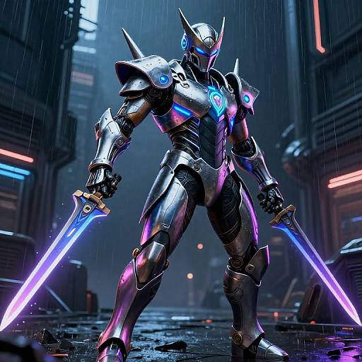 Cybernetic warrior in silver armor with glowing blue accents, wielding two neon swords, stands in a rainy, neon-lit futuristic city. Digital