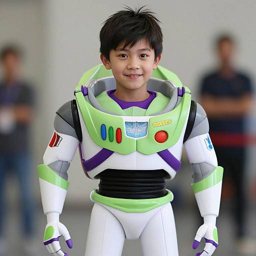 Photograph of an Asian boy with short black hair, wearing a green and white Buzz Lightyear spacesuit, smiling, with blurred adults in the background