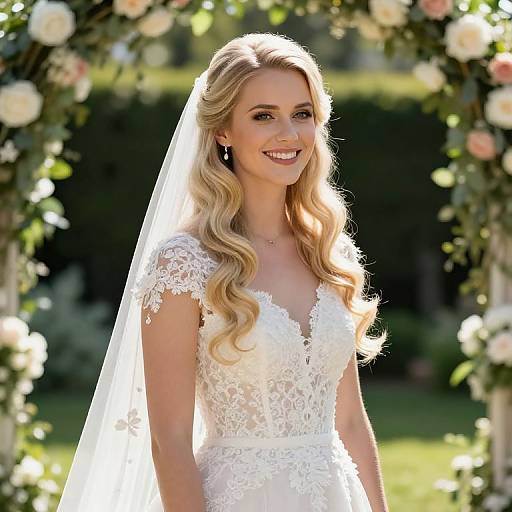 Blonde bride with long wavy hair, white lace wedding dress, and veil, smiling under a floral arch in bright sunlight. (Photograph)