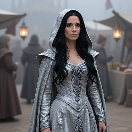 Photograph of a pale-skinned woman with long black hair in a silver medieval gown with intricate embroidery, hooded cloak, standing in a foggy
