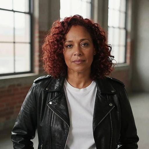Photograph of a middle-aged Black woman with curly red hair, wearing a black leather jacket over a white shirt, standing in a bright, industrial-style