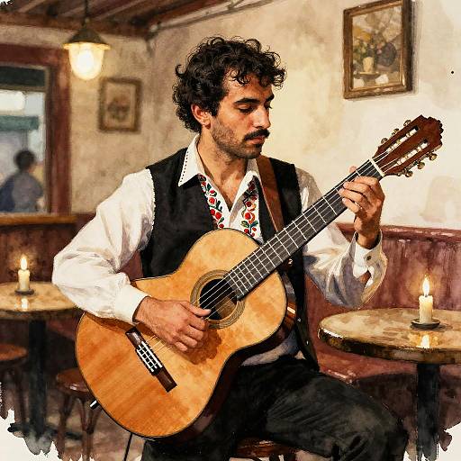 Expressive Flamenco Guitarist in Tavern