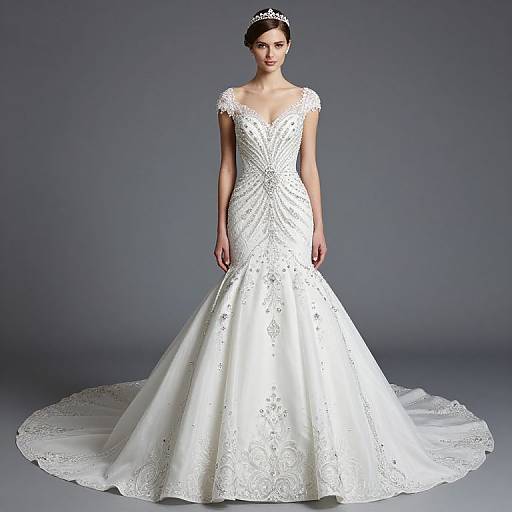 Photograph of a slender, fair-skinned woman in a white, lace-embellished, V-neck, ball-gown wedding dress with a