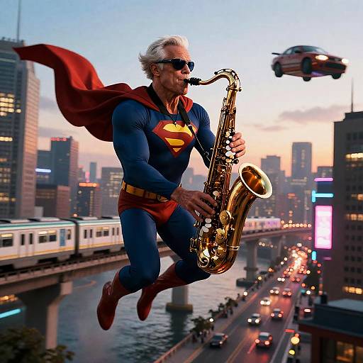 Elderly Jazz Saxophonist Superhero Soaring