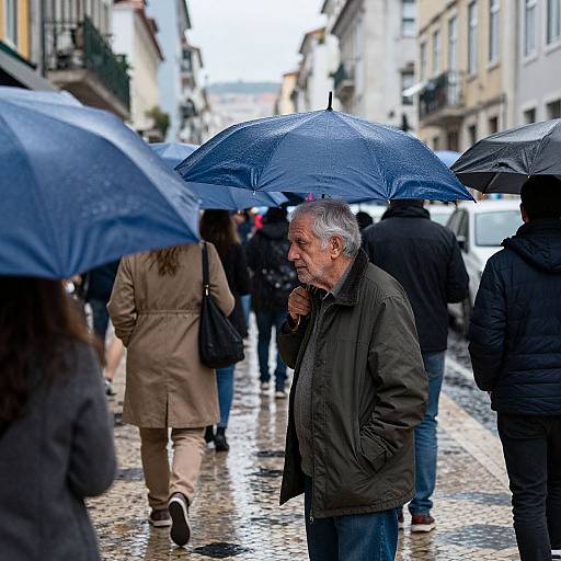 Rainy Lisbon Street with Blue Umbrellas