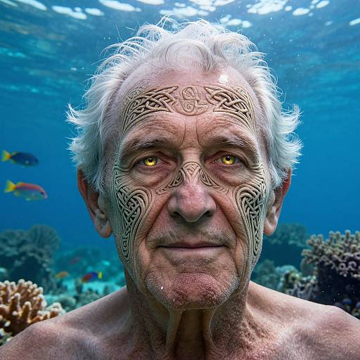 Photograph of an elderly man with white hair, intricate black tribal face paint, yellow eyes, underwater, coral reef background.