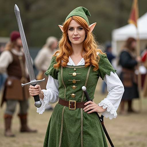 Photograph of a red-haired, fair-skinned elf cosplayer with pointed ears, green dress, white lace sleeves, and brown belt, holding a