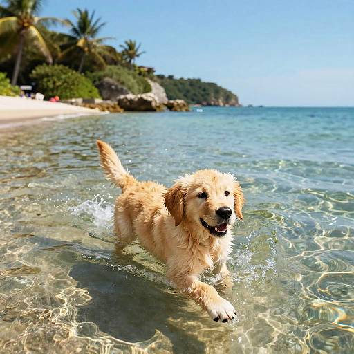 Photograph of a golden retriever with wet, fluffy fur joyfully running in clear, shallow ocean water with a tropical beach and palm trees in the