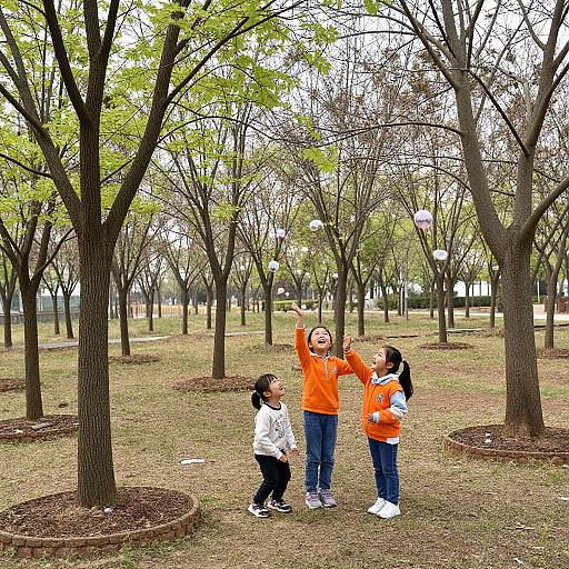 Photograph of three Asian children, two girls and one boy, in orange and white jackets, playing with a ball in a park with leafless trees