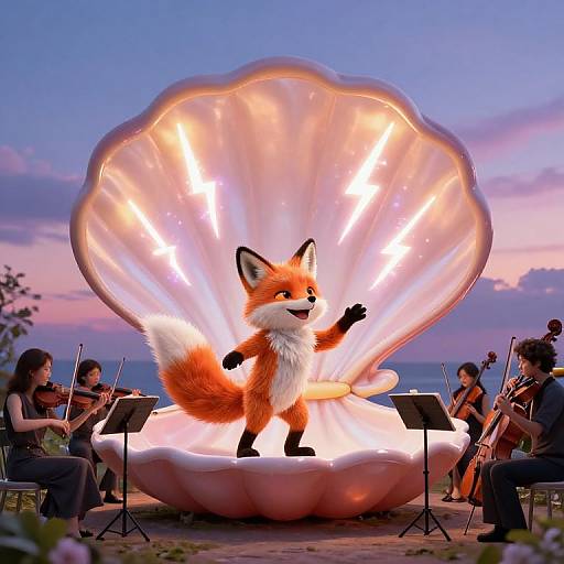 Photograph of a performing, costumed fox on a glowing, shell-shaped stage, surrounded by musicians playing string instruments at dusk.