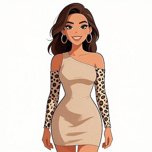 Digital drawing of a smiling woman with long brown hair, wearing a white off-shoulder dress, leopard-print sleeves, and large hoop earrings.