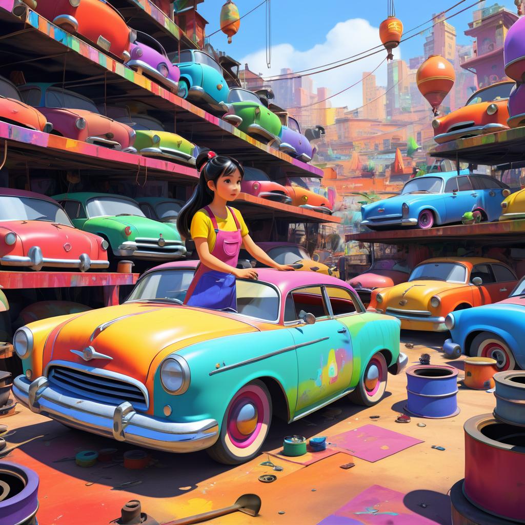 Colorful Mural of Asian Girl in Junkyard