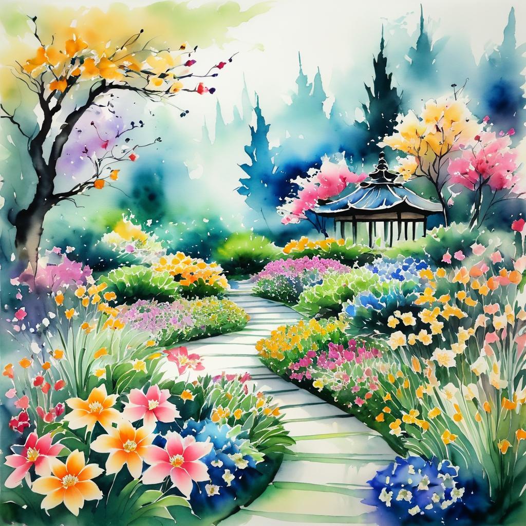 Ink Painting of a Blooming Flower Garden