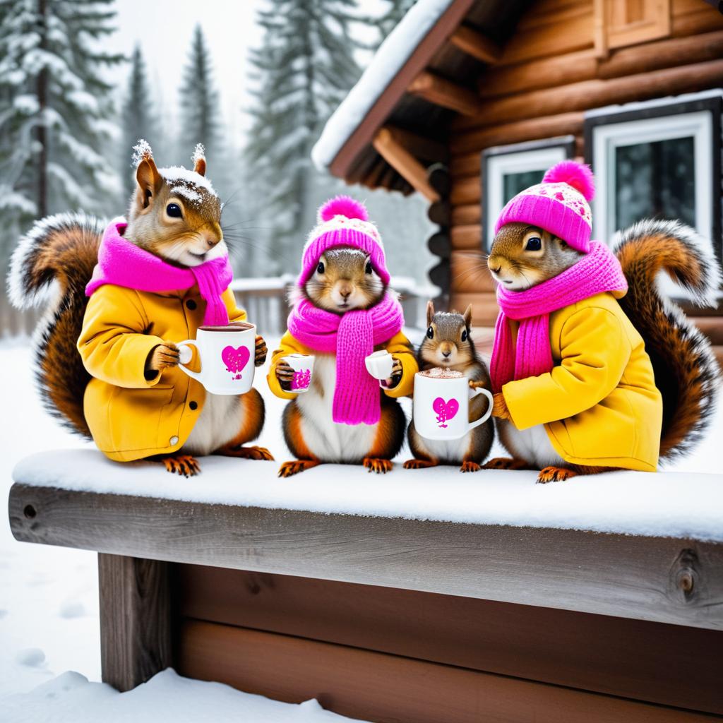 Cozy Winter Scene with Squirrel Family