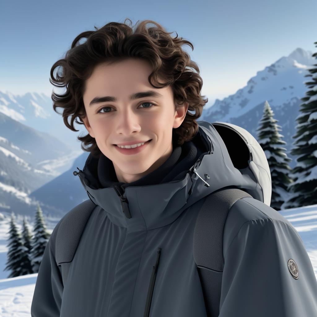 Eerie Smiling Timothee in Snowy Landscape