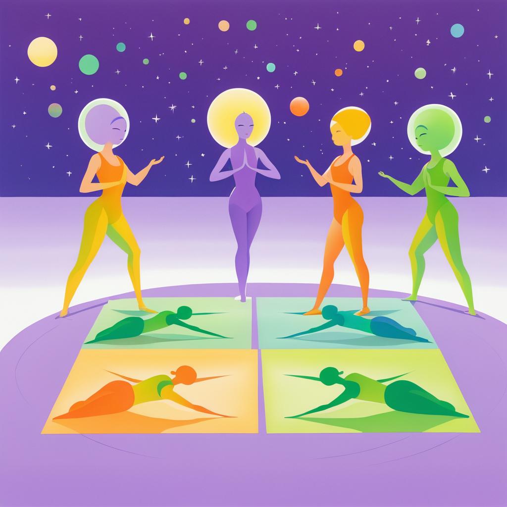 Cartoon Aliens Practicing Yoga in Gouache