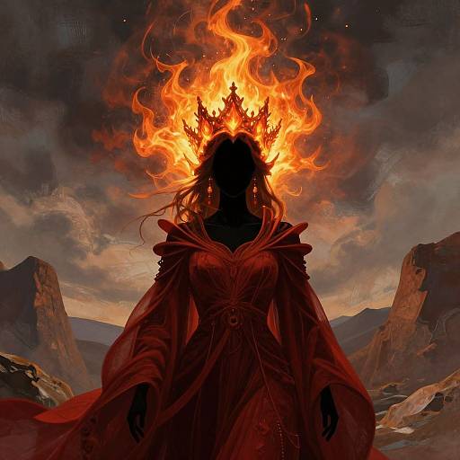 Digital artwork of a silhouetted, fiery-crowned, red-robed figure standing in a rocky, mountainous landscape with an intense, fiery