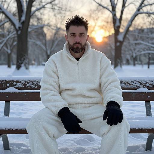 Bearded man with spiked hair sits on a snow-covered bench, wearing a white fleece jacket and black gloves, at sunset in a winter park. Photograph
