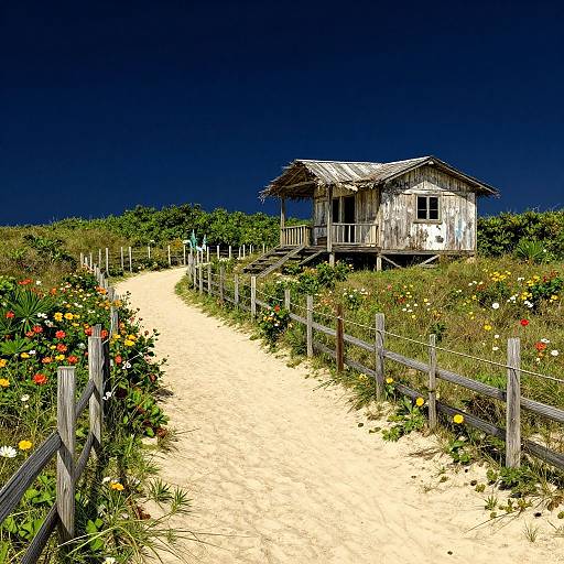 Photograph of a weathered, white wooden house with a porch, surrounded by a sandy path, floral garden, and a clear blue sky.