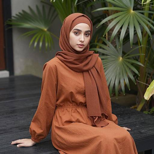 Young Woman in Rust Hijab on Deck