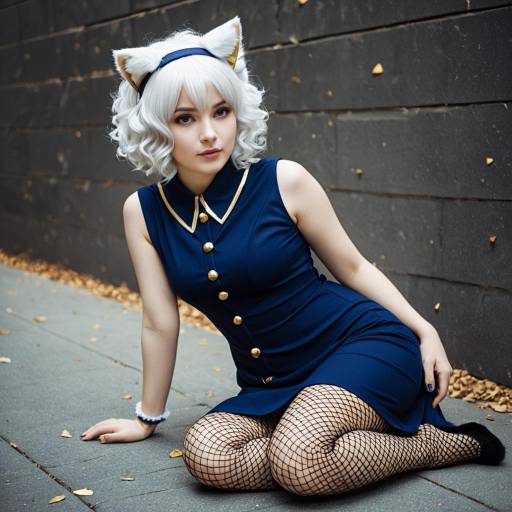 Cosplay Woman in Navy Blue Dress with Cat Ears