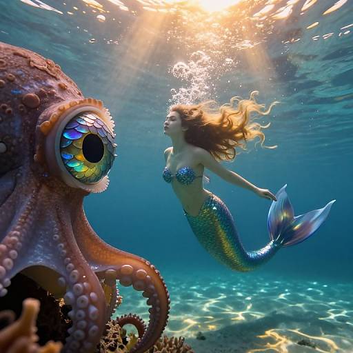 Photograph of an underwater scene with a mermaid with flowing hair and shimmering scales facing a large, colorful octopus with a big, irides