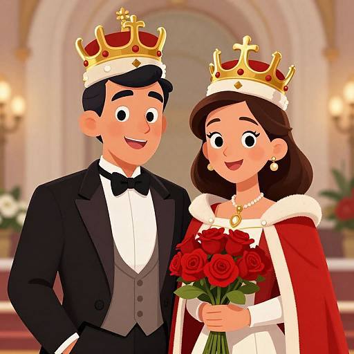 Cartoon-style image of a smiling couple in royal attire, wearing gold crowns and red fur-trimmed robes, holding a bouquet of red roses