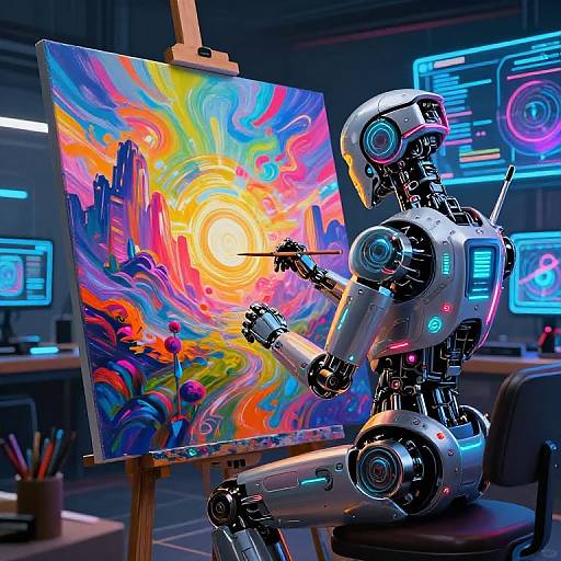 A futuristic, robotic artist paints a vibrant, swirling cityscape on canvas in a neon-lit, tech-filled studio. Digital screens glow in the background