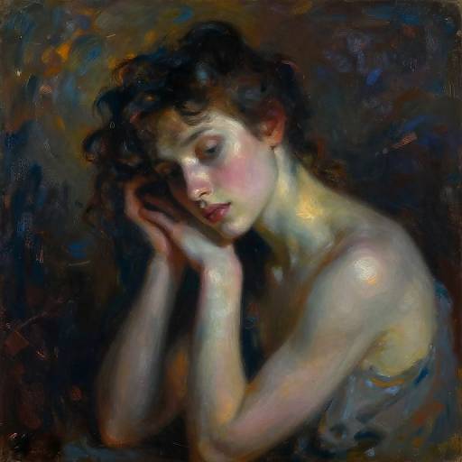 Impressionistic oil painting of a contemplative, fair-skinned woman with curly brown hair, gently resting her head on her hands against a dark,