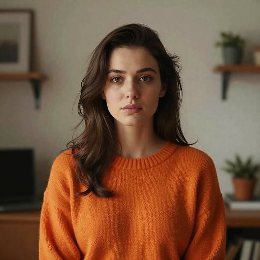 Photograph of a young woman with long, dark brown hair, wearing an orange knit sweater, standing in a softly lit room with shelves and potted