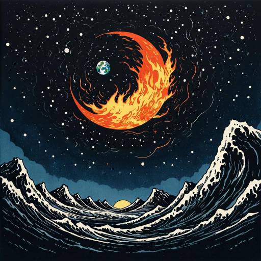 Fiery Crescent Moon Over Stylized Ocean Waves