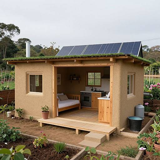 Photograph of a small, eco-friendly, solar-powered cottage with a grassy roof, wooden porch, potted plants, and garden beds, set