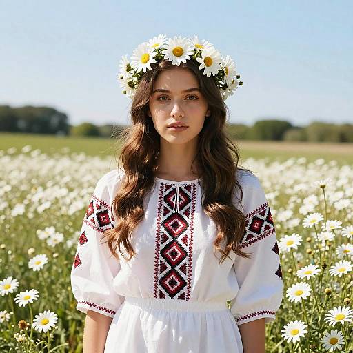 Photograph of a young woman with long brown hair, wearing a white dress with red and black patterns, a daisy crown, standing in a sun
