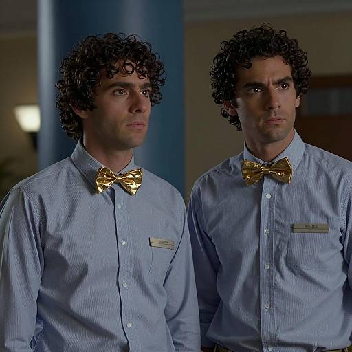Two Men in Striped Shirts and Bow Ties
