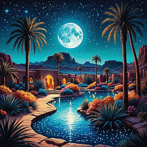 Moonlit Desert Oasis Fantasy Illustration